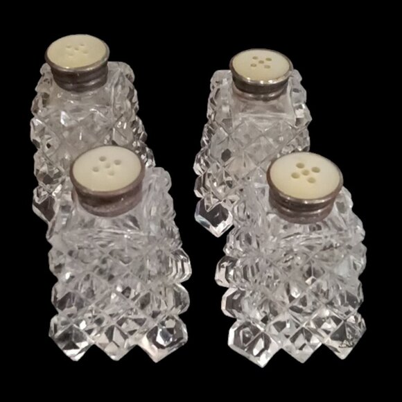 2 Pair Molded Crystal Diamond Pattern Salt & Pepper Shakers Silver & M.O.P. Tops - Picture 1 of 8